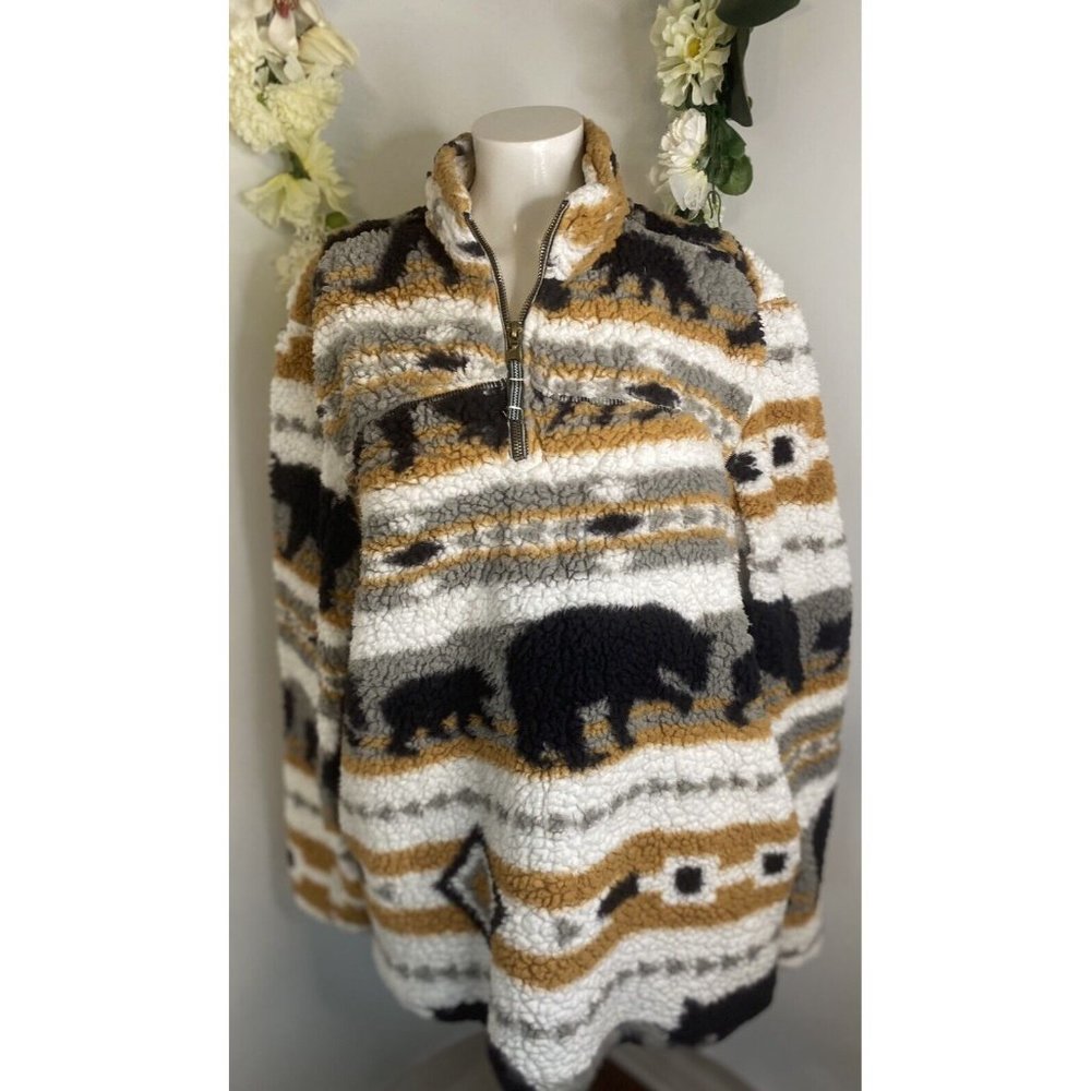 Cabin Fever By‎ Ramatex Sherpa Pullover Bear Sweater XL Over Sized Pit To Pit 23